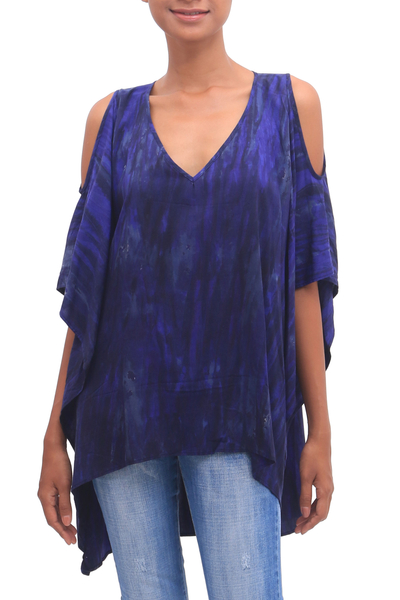 Tie-dyed rayon cold shoulder caftan, 'Aubergine Depths' - Tie Dyed Dark Purple Caftan Crafted from Rayon