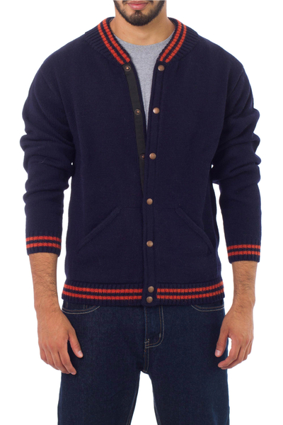 Men's alpaca and wool sweater jacket, 'Varsity Navy' - Andes Men's Dark Blue Alpaca Blend Sweater Jacket
