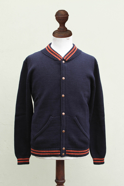 Men's alpaca and wool sweater jacket, 'Varsity Navy' - Andes Men's Dark Blue Alpaca Blend Sweater Jacket