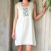 Cotton blend dress, 'Smoky Flowers' - Cotton Viscose Blend Dress in Ivory and Smoke from India