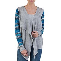 Cotton blend cardigan, 'Garden in Ash Grey' - Open Front Solid Grey Cardigan with Blue Floral Sleeves