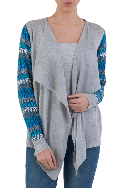 Open Front Solid Grey Cardigan with Blue Floral Sleeves
