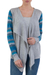 Cotton blend cardigan, 'Garden in Ash Grey' - Open Front Solid Grey Cardigan with Blue Floral Sleeves thumbail
