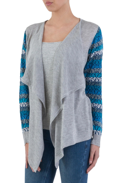 Cotton blend cardigan, 'Garden in Ash Grey' - Open Front Solid Grey Cardigan with Blue Floral Sleeves