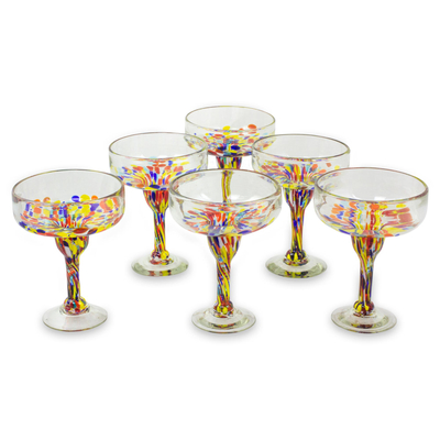 Blown glass margarita glasses, 'Confetti Festival' (set of 6) - Set of 6 Multicolor Hand Blown Glass Margarita Glasses