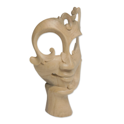 Wood mask, 'Awaiting Him' - Hibiscus Wood Mask Hand Carved in Indonesia