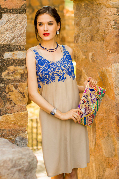 Viscose shift dress, 'Royal Blue Personality' - Embroidered Sleeveless Dress in Khaki and Blue from India