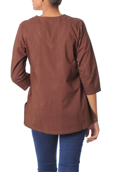 Cotton tunic, 'Chestnut Opulence' - Chestnut Brown Cotton Tunic with Classic Indian Embroidery