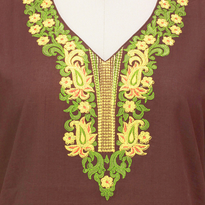 Cotton tunic, 'Chestnut Opulence' - Chestnut Brown Cotton Tunic with Classic Indian Embroidery