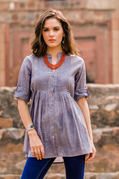 Cotton blouse, 'Everyday Chic' - India Blue Cotton Chambray Button Front Pleated Top