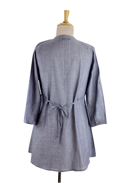 Cotton blouse, 'Everyday Chic' - India Blue Cotton Chambray Button Front Pleated Top
