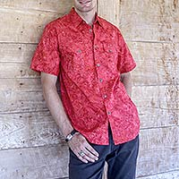 Men's cotton shirt, 'Red Bali Expedition' - Red Cotton Batik Short Sleeve Men's Shirt