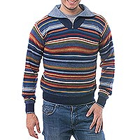 Men's 100% alpaca pullover sweater, 'Steel Blue Heights'