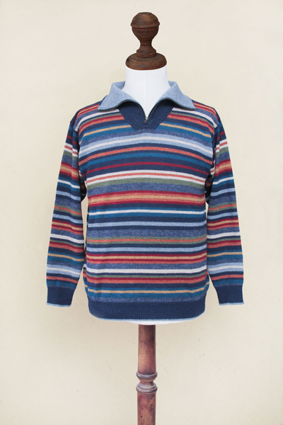 Men's 100% alpaca pullover sweater, 'Steel Blue Heights' - Men's 100% Alpaca Pullover Sweater with Turtleneck