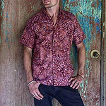Fair Trade Men's Cotton Batik Shirt in Reds from Bali, 'Light and Shadow'