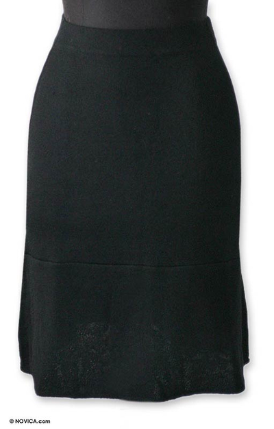 100% baby alpaca skirt, 'Liquorice Chic' - Black Baby Alpaca Wool Skirt with Flared Herm