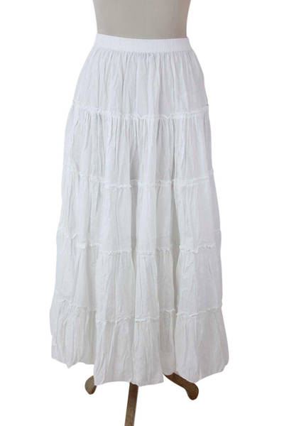 Cotton skirt, 'Frilly White' - Unlined Semi-Sheer Tiered White Cotton Skirt