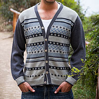 Men's 100% alpaca cardigan, 'Infinite Traveler' - Men's Alpaca Gray & Blue Cardigan from Peru