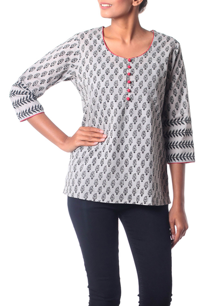 Cotton tunic, 'Paisley Dance' - Grey and Black Cotton Paisley Tunic with Pink Accents