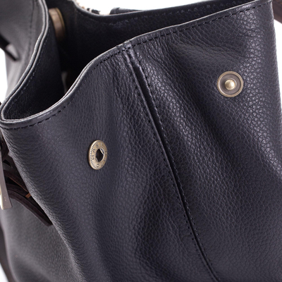 Leather and alpaca accent shoulder bag, 'Andean Waves' - Black Leather and Alpaca Accent Shoulder Bag from Peru