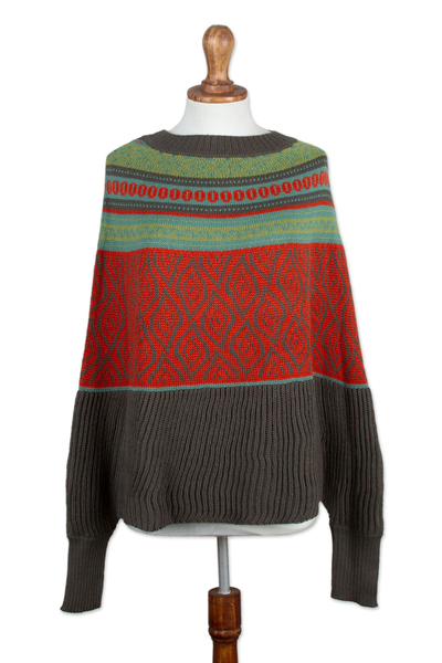 Alpaca blend poncho sweater, 'Vermilion Leaves' - Alpaca Blend Poncho with Lead Grey and Vermilion Patterns