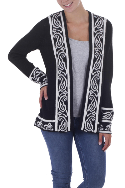 Alpaca blend sweater jacket, 'Ebony Leaf' - Black and Off White Alpaca Blend Women's Knit Jacket