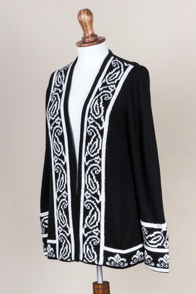 Pulloverjacke aus Alpaka-Mischgewebe - Schwarze und cremefarbene Damen-Strickjacke aus Alpaka-Mischgewebe