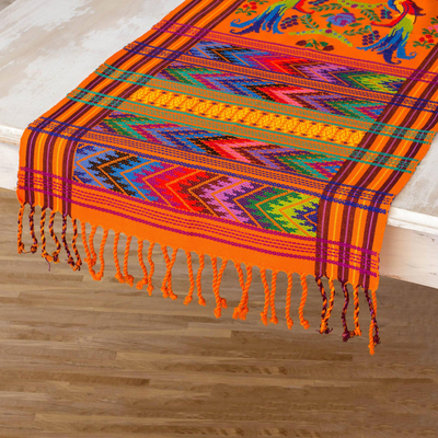 Cotton table runner, 'Sunset Quetzal' - Hand Woven Animal Themed Cotton Table Runner 