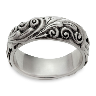 Sterling silver band ring, 'Floral Moon' - Sterling Silver Band Ring from Indonesia