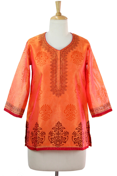Chanderi cotton silk blend tunic, 'Tangerine Temptress' - Chanderi Tunic Hand Block Printed Cotton Silk Blend