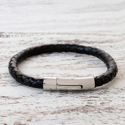 Leather wristband bracelet, 'Magical Braid in Black' - Black Braided Leather Wristband Bracelet from Thailand