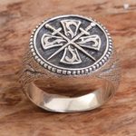 Men's sterling silver signet ring, 'Indra Sword' - Crossed Swords Sterling Silver Signet Ring for Men