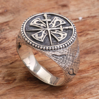 Men's sterling silver signet ring, 'Indra Sword' - Crossed Swords Sterling Silver Signet Ring for Men