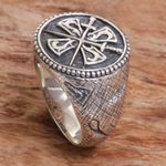 Men's sterling silver signet ring, 'Indra Sword' - Crossed Swords Sterling Silver Signet Ring for Men