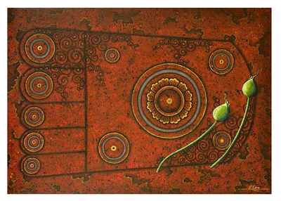 'Huella sobre piedra' - Acrílico sobre lienzo Pintura Huella de Buda sobre piedra