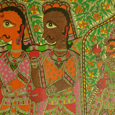 Pintura Madhubani, 'La Novia' - Pintura Madhubani de Procesión Nupcial
