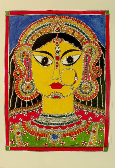 Madhubani painting, 'Durga Ma' - Madhubani Painting of Mother Goddess Durga