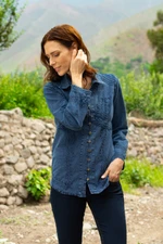 Chambray blouse, 'Lily of The Incas' - Lily of The Incas Button-Front Chambray Blue Blouse