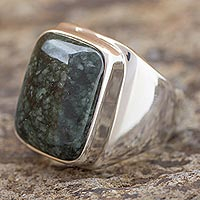 Men's jade ring, 'Fortitude' - Men's Jade and Sterling Silver Signet Ring 