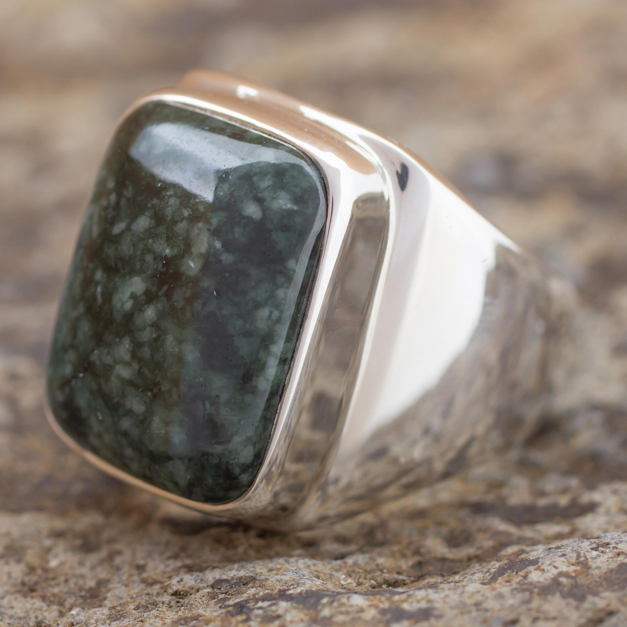 Men's Silver Signet Ring with Green Jade