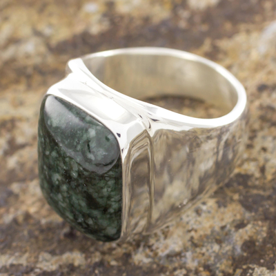 Men's jade ring, 'Fortitude' - Men's Jade and Sterling Silver Signet Ring 