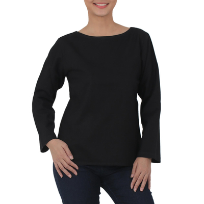 Linen blouse, 'Natural Expression in Black' - Artisan Crafted 100% Linen Black Long Sleeved Blouse