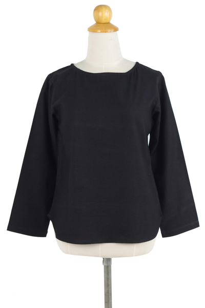 Linen blouse, 'Natural Expression in Black' - Artisan Crafted 100% Linen Black Long Sleeved Blouse