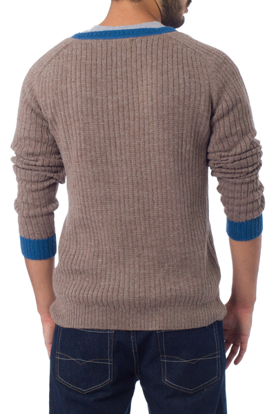 Jersey de hombre en mezcla de alpaca - Suéter clásico con cuello en V de mezcla de lana de alpaca para hombre
