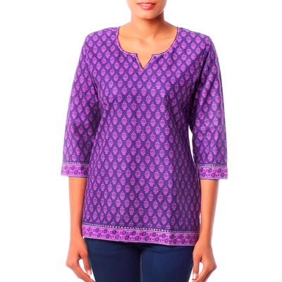 Cotton tunic, 'Radiant Orchid Blossom' - Women's Purple and Lilac Floral Print Tunic from India