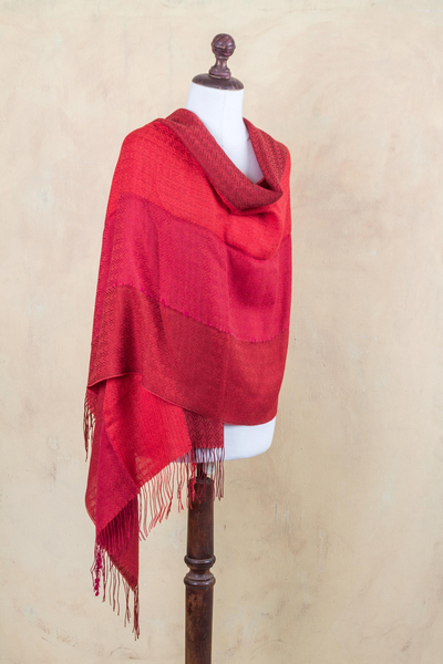 Alpaca blend shawl, 'Passionate Woman in Red' - Handwoven Alpaca Blend Shawl with Red Stripes from Peru