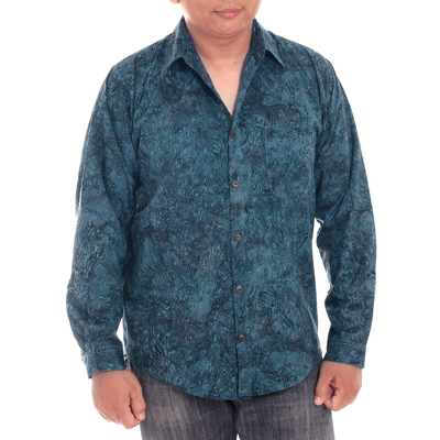 Men's cotton batik shirt, 'Ocean Shade' - Hand-stamped Batik Men's Collared Balinese 100% Cotton Shirt