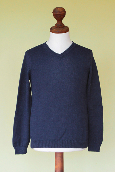 Alpaca blend men's sweater, 'Blue Favorite Memories' - Men's Alpaca Blend V Neck Sweater