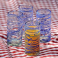 Blown glass high ball glasses, 'Sapphire Swirl' (set of 6) - Six Blue Swirl Hand Blown 11 oz High Ball Glasses