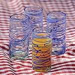 Six Blue Swirl Hand Blown 11 oz High Ball Glasses, 'Sapphire Swirl'